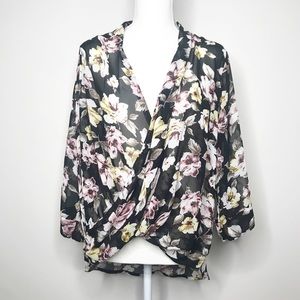 Leith Black Floral Sheer Wrap Front Hi Low Blouse